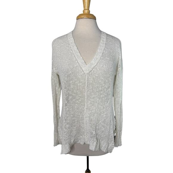 EILEEN FISHER Open Knit V-neck Pullover Sweater Snow White Sz Small Linen Blend - Picture 1 of 10